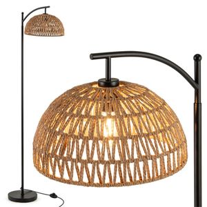 Lampada da Terra a LED in Metallo Nero con Corda di Carta, Interruttore a Pedale, Base Stabile, Test di Stabilità a 8 Gradi, Paralume Dorato, Funzione Illuminazione - Product Image 1