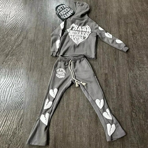 Survêtement à capuche pour filles avec imprimé lettres et cœurs brisés, streetwear, coupe régulière, 100% coton - Product Image 1