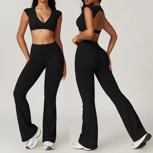 High Waist Yoga Set With Deep V Neck Crop Top And Full Length <b>Flared</b> <b>Leggings</b> Seamless Four-Way Stretch Solid Color Sport Wear - Product Image 5