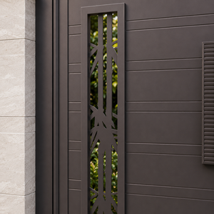 Puerta de entrada doble moderna de metal marrón oscuro con manijas geométricas, paneles decorativos recortados y diseños residenciales elegantes - Product Image 3