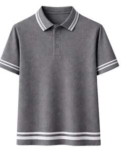 Polo gris personalizado para hombre, mezcla de algodón, informal, de manga corta, para verano, con cuello, puños y dobladillo con diseño de rayas en contraste. - Product Image 1