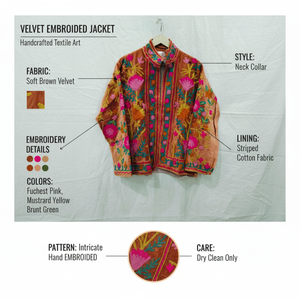 Brown Velvet Embroidery Bomber Jacket | Pink Floral Needle <b>Work</b> <b>Stand</b> Collar Women Casual Wear Handmade Masterpiece Outerwear - Product Image 5