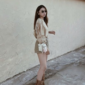Women's Solid 2 Piece <b>Set</b> Beige Crepe Top Three Quarter Sleeves High Waist Shorts Casual Spring Summer Outfit Breathable Quick - Product Image 3