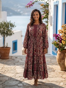 Robe longue maxi en soie tissée indienne, style bohème naturel Y2K, taille unique, imprimé tropical, col rond, style coréen, pour l'été, douce et lavable - Product Image 3