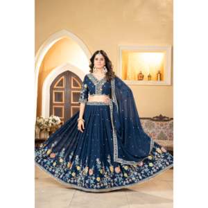 Hermoso Lehenga Choli de Heera Creation, Corte en A, Azul, Sin Mangas, Cuello en V, para Fiestas, Cintura Natural, Estampado Floral, Trabajo con Lentejuelas - Product Image 3