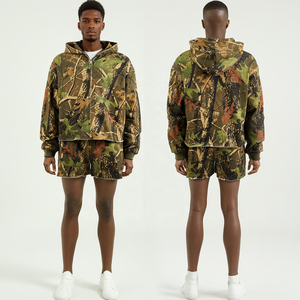 Tree <b>Camouflaged</b> Two Piece Tracksuit for Men Y2K High Streetwear Zip-up Hoodie & Short Set French Terry Cotton Men's Tracksuit - Product Image 1