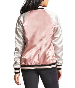 Women's Pink And White Satin Varsity Jacket Full Sleeve Zipper Closure Stand Collar Autumn Wear - Product Image 3