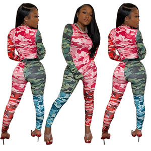 Mono de manga larga con estampado de camuflaje para mujer, cintura alta, ajuste ceñido, largo completo, cuello redondo, estilo urbano, spandex, poliéster - Product Image 6