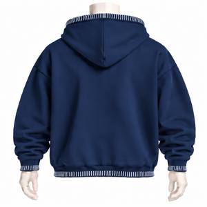 <b>Navy</b> Blue Stitched Border Distressed Hoodie Oversized Pullover Sweatshirt Contrast Stitch Kangaroo Pocket Casual Streetwear <b>Top</b> - Product Image 3