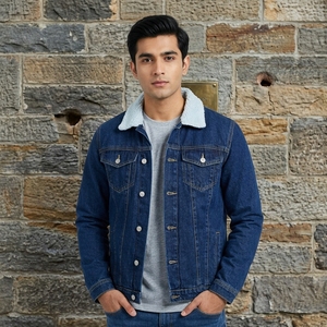 Veste en jean décontractée d'hiver personnalisée, écologique, avec col en sherpa pour hommes |   Veste de camionneur doublée en polaire avec fermeture éclair |   Effet délavé vintage - Product Image 1
