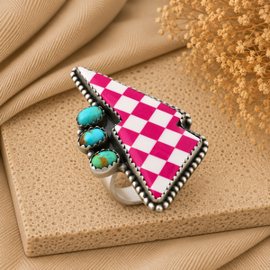 Pink Lightning <b>Bolt</b> Stretch Ring Turquoise Western Rose <b>Thunder</b> Boho Style Handmade Statement Jewelry - Product Image 5