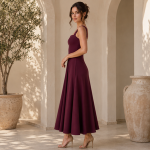 Robe longue de luxe bordeaux coupe trapèze pour femme |   Robe de soirée élégante à col carré sans manches |   Cocktail de soirée vintage pour mariage - Product Image 3