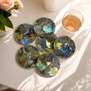 Posavasos de Piedra de Labradorita de Lujo Personalizados, al Mejor Precio, Redondos, Blancos y Amarillos, para Bebidas - Product Image 2