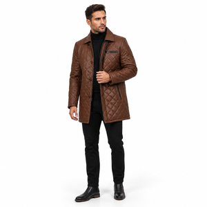Chaqueta de Cuero Genuino para Hombre de Alta Calidad, Chaqueta de Invierno Acolchada de Lujo, Color Marrón, Corte Entallado, Resistente al Viento, Gabardina Larga de Piel de Oveja - Product Image 1