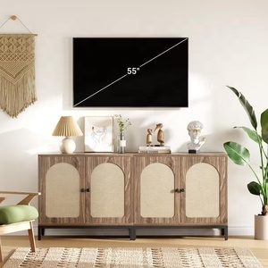 Walnut Wood <b>Cabinet</b> with Rattan Doors Modern Storage Unit <b>Metal</b> Base Stylish Durable Design for Living Room and Entryway Decor - Product Image 3