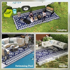 Tappeto da Esterno Reversibile Impermeabile 9FT X 18FT Blu e Bianco, Tappetino da Picnic con Borsa per il Trasporto, Design a Patchwork con Paglia e Rombi - Product Image 5