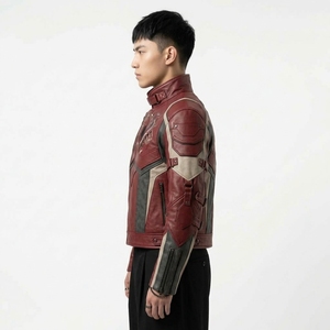 Mens <b>Burgundy</b> Red Genuine <b>Leather</b> Motorcycle <b>Jacket</b> Buckle High Neck Skull Embroidered Cyberpunk Biker Outerwear - Product Image 4