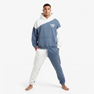 Ensemble de jogging homme personnalisé épais bicolore, comprenant un sweat à capuche oversize à épaules tombantes et un bas de survêtement coupe décontractée à blocs de couleur contrastants - Product Image 3