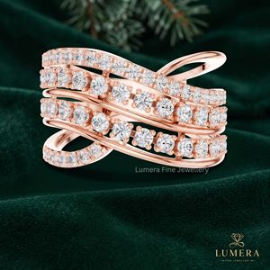 Anillo de compromiso apilable con diamantes redondos en varias filas, estilo pavé, para mujer, anillo de boda de lujo para mujer - Product Image 5