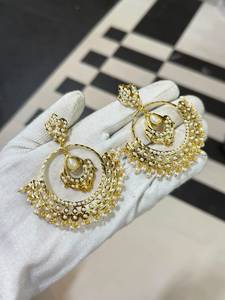 Boucles d'oreilles de luxe plaquées or et rhodium, faites à la main, avec perles Jadau, style chandelier, ethniques indiennes, pour mariée, mariage, déclaration, Kundan, cadeau de fête - Product Image 2