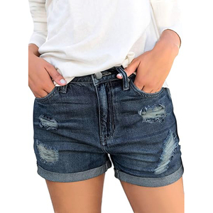 Shorts de mezclilla de cintura alta para mujer, estilo casual, con botones, lavado desgastado y dobladillo deshilachado - Product Image 4