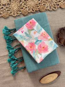 Sari indien traditionnel en coton Khadi - Tissu tissé à la main doux avec des pompons décoratifs et une pièce en coton magique - Product Image 2