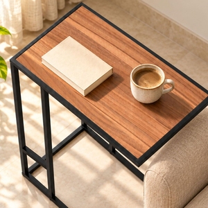 Table d'appoint en bois en forme de C, gain de place, avec cadre métallique noir mat, pour collations, ordinateur portable, table d'appoint pour canapé, chevet, salon - Product Image 2