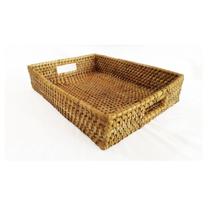 Hand-Woven Rectangular Rattan Serving <b>Tray</b> with Leather Handles Wicker Coffee <b>Table</b> Organizer for Home Decor In Good Price - Product Image 4