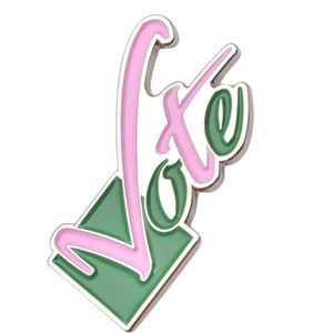 Broche décorative en émail « Pretty Girl Vote » rose et verte, accessoire de mode pour femme, inspiré des sororités, idéal pour les réunions - Product Image 5