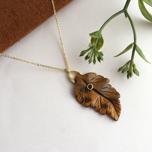 18k gold plated brass chain natural golden tiger eye carving necklace black cz bezel set stone Wholesale leaf shape pendant Gift - Product Image 4