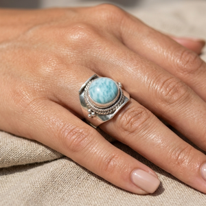 925 Sterling <b>Silver</b> Natural Larimar <b>Statement</b> <b>Ring</b> Handmade Boho Vintage Gemstone Rose & Yellow Gold Plated <b>Ring</b> For Women Gift - Product Image 4