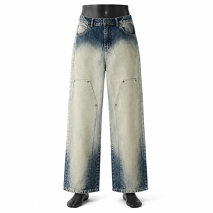 Pantalones Vaqueros Anchos de Mezclilla Azul Lavado para Hombre, Estilo Urbano, con Bolsillos Utilitarios, de Tela Gruesa y Ecológica, Venta al por Mayor - Product Image 1
