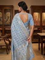 Sari en soie BANARASI KATAN bleu clair, longueur ras du sol, broderie florale, motifs paon, tenue traditionnelle indienne pour mariage, pour femme, livraison rapide