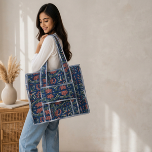 Sac fourre-tout en coton matelassé bleu à fleurs avec fermeture éclair, sac à bandoulière grande capacité réutilisable pour le shopping et les voyages pour femmes - Product Image 6