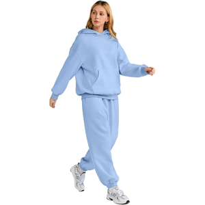 Ensemble de survêtement sans manches à capuche bleu clair pour femme, couleur unie, coupe décontractée, en molleton polyester/coton - Product Image 1