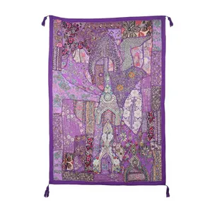 Tapisserie murale artisanale en coton brodé style bohème violet, patchwork, décoration murale intérieure pour Diwali - Product Image 2
