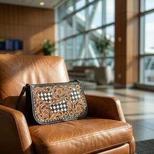 Correa de Hombro Ligera de Cuero Genuino 100% con Diseño Floral Tallado a Mano y Patrón a Cuadros, Estilo Western Vintage de Alta Calidad para Mujer - Product Image 5