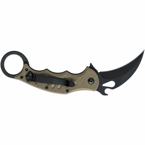 Tan Textured Handle Curved Folding Pocket Knives with Black Hook Blade Finger Ring and Belt Clip for <b>Outdoor</b> Utility Cuttings - Product Image 4