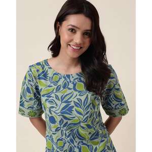 เดรสทรงเอพิมพ์ลายดอกไม้สีฟ้าและสีเขียวทำมือ ดีไซน์หรูหรา ความยาวระดับเข่า สวมใส่สบายและมีสไตล์ - Product Image 5