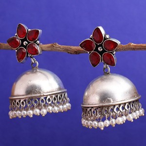 Factory Direct Red Stone <b>Oxidized</b> Silver Jhumka Earrings Handmade Pearl Drop Ethnic Traditional Indian Jewelry for Women - Product Image 6
