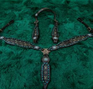 Horse tack western breast collar <b>leather</b> chest <b>harness</b> turquoise bead concho stud adjustable strap riding halter gear set - Product Image 4