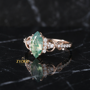 Bague de fiançailles en argent 925 avec agate mousse marquise, bague de promesse avec halo infini torsadé - Product Image 2