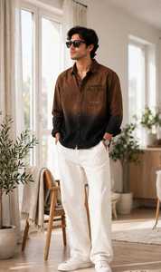 Chemise décontractée pour homme à manches courtes, dégradé marron, col rabattu, haut d'été 100% coton, motif géométrique, respirante - Product Image 5