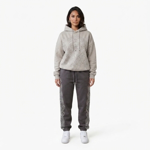 Ensemble jogging pour femme avec sweat-shirt à capuche en strass, pantalon en molleton, coupe ample décontractée, toutes saisons, gris, tenue deux pièces - Product Image 1
