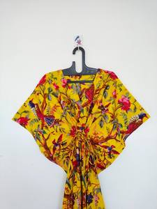 Robe kaftan en coton indien faite à la main avec imprimé d'oiseaux, robe kimono légère - Product Image 4