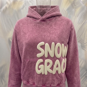 Snow Grace Oversized Crop <b>Hoodie</b> <b>Pink</b> Raised Rubber Print Unisex French Terry Winter Style - Product Image 5