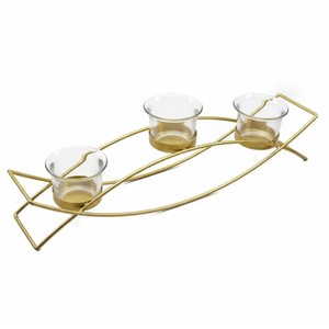 KHOOSI OVERSEAS Golden Brass Candle Stand Three <b>Glass</b> Holders Heat Resistant Eco-Friendly for Home Decoration Durable Design - Product Image 1