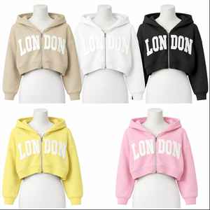 Sudadera con capucha corta de mezcla de algodón para mujer, con cremallera, 300g, estampado de letras London, estilo oversize Y2K, fabricación en India (OEM/ODM) - Product Image 5