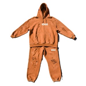 Unisex <b>Brown</b> Washed Cotton Hoodie and <b>Jogger</b> Set Loose Fit Casual Tracksuit with Front Logo and Side Pockets - Product Image 1