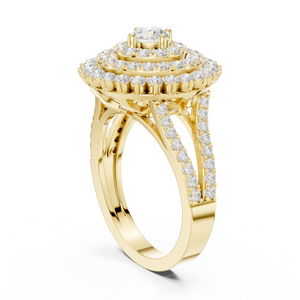 Bague en or jaune avec halo de diamants ronds, bague de fiançailles et de mariage à grappe florale, bague pavée de luxe pour femme - Product Image 2
